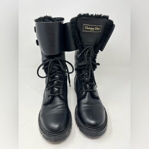 Dior Black Leather Combat Boot Shearling lined inside Lace Up size 40.5 EU